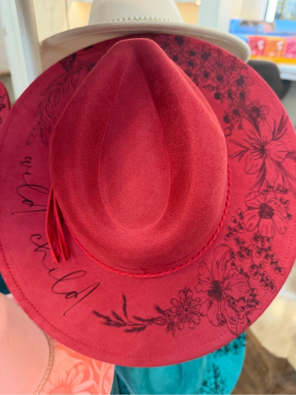 Red Floral-Print Felt Fedora Hat